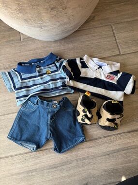 Build -a-Bear  Striped Polo & Denim Outfit with Soft Sandals - Blue, Navy, Cream